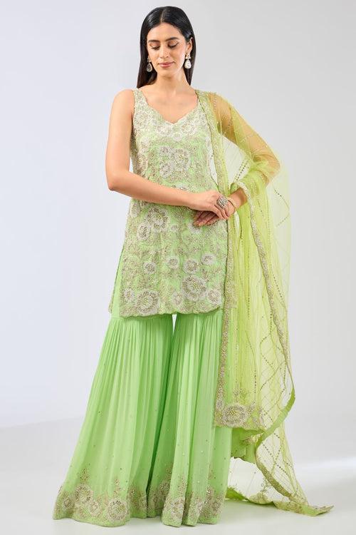 AYAT LIME GREEN GEORGETTE  FULL HAND WORK KURTA /GHARARA SET