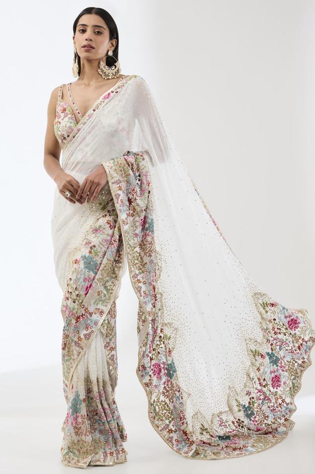 SAIRRA IVORY MULTI THREAD EMBROIDERED STITCHED SARI SET