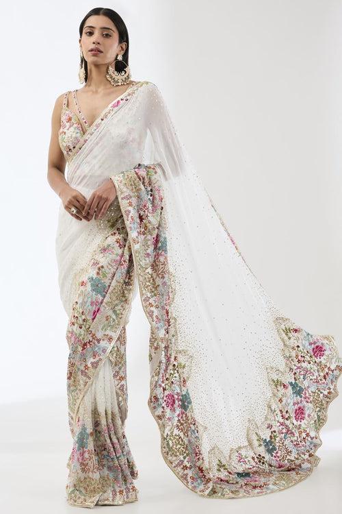 SAIRRA IVORY MULTI THREAD EMBROIDERED STITCHED SARI SET