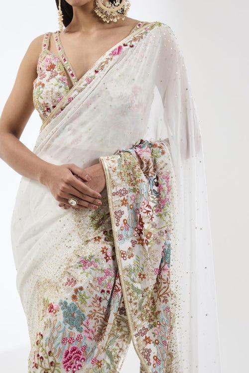 SAIRRA IVORY MULTI THREAD EMBROIDERED STITCHED SARI SET