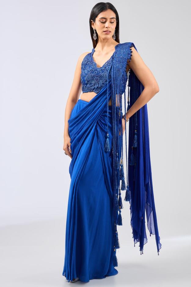 SAIRRA ROYAL BLUE GEORGETTE PRE STITCH SAREE WITH BLOUSE