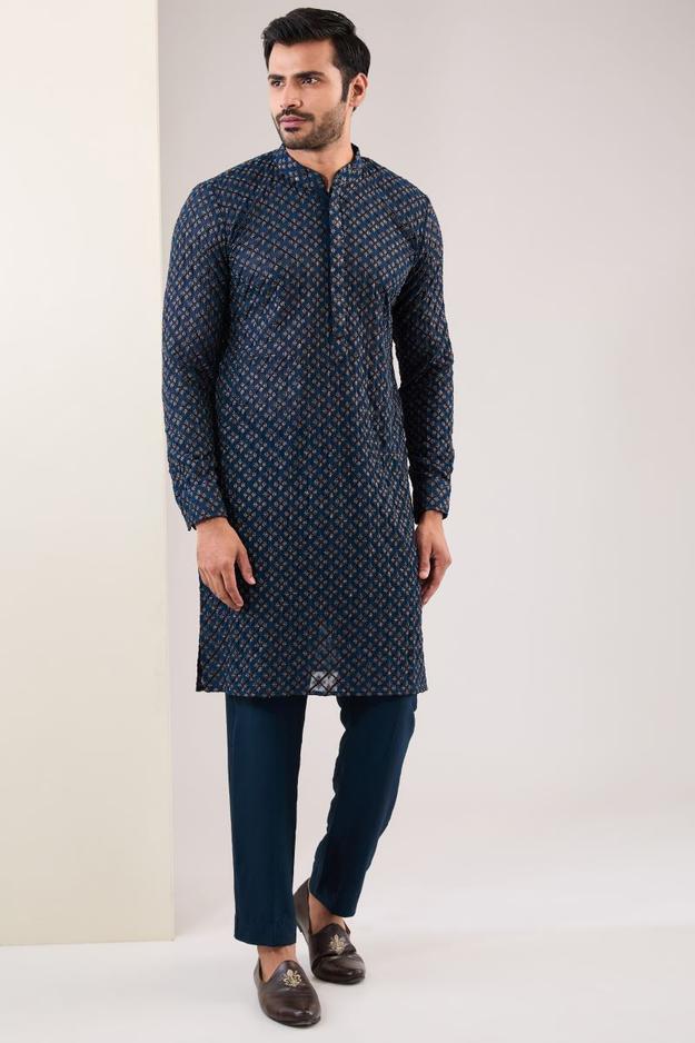 BLUE THREAD WORK JAAL KURTA WITH PANTS