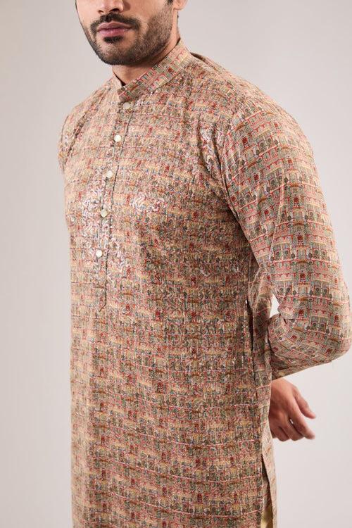 PALE PEACH PRINTED KURTA WITH PANTS