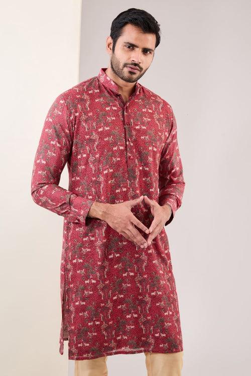 RED PICHWAI PRINTED KURTA WITH PANTS