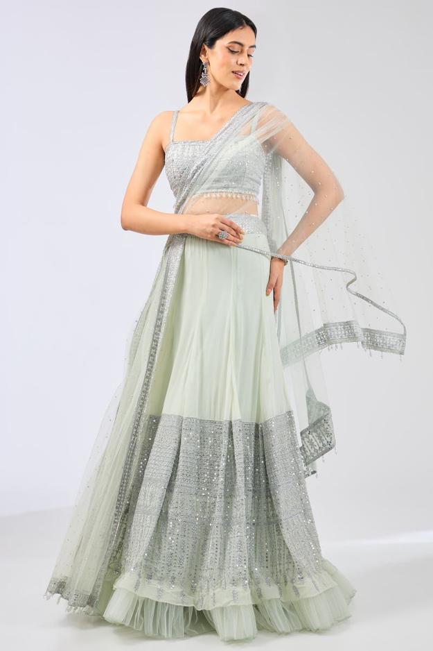 NADIA SAGE GREEN GEORGETTE  METAL THREAD JAAL LEHENGA WITH NET ATTACHED DRAPE AND BLOUSE