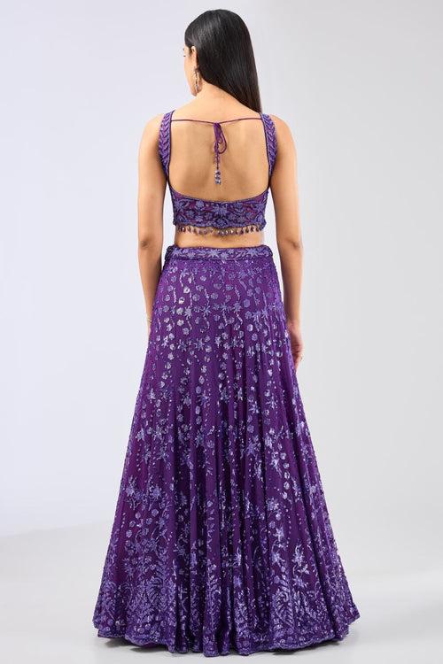 NADIA PURPLE GEORGETTE FULL HAND LEHERIYA JAAL EMBROIDERED LEHENGA SET