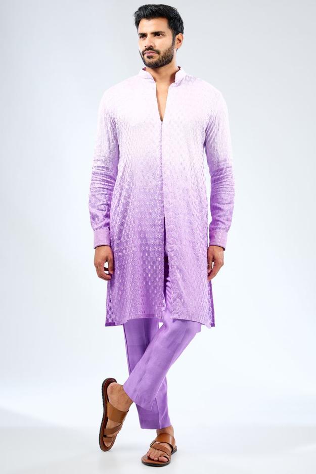 SHADED LILAC SILK THREAD BOOTI KURTA WITH DARK LILAC COLOR COTTON SILK PANTS