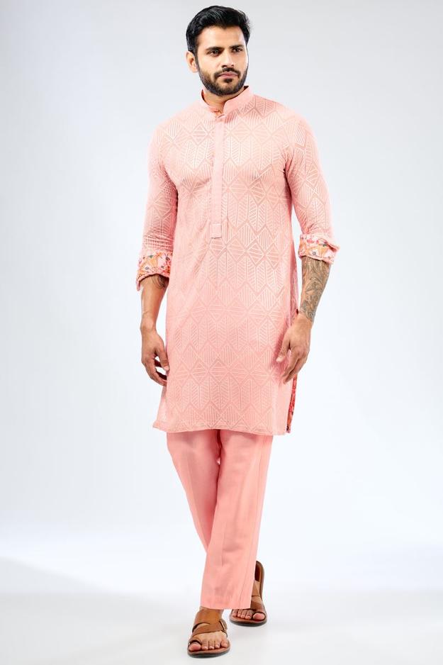 PINK GEORGETTE SEQUIN EMBROIDERED KURTA PAIRED WITH COTTON SILK PANTS