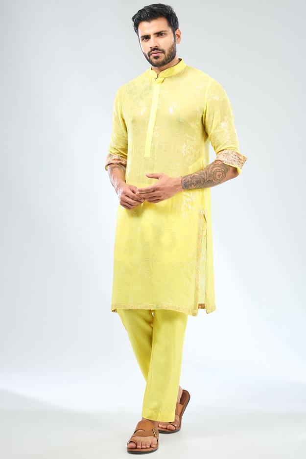 LEMON YELLOW GEORGETTE THREAD EMBROIDERED KURTA WITH PRINT DETAILING PAIRED WITH MATCHING COTTON SILK PANTS