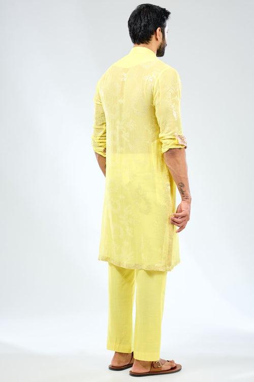 LEMON YELLOW GEORGETTE THREAD EMBROIDERED KURTA WITH PRINT DETAILING PAIRED WITH MATCHING COTTON SILK PANTS