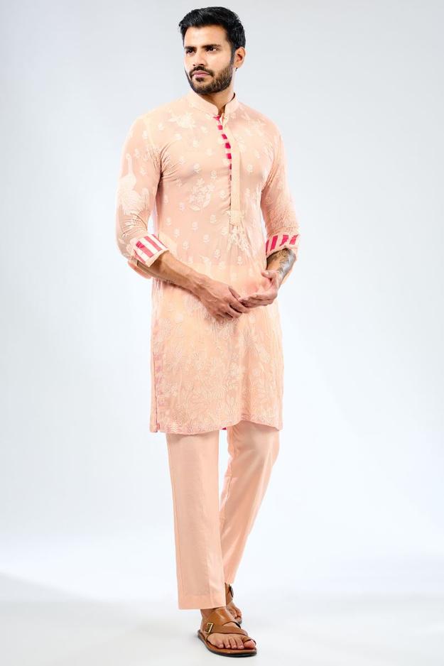 PALE PEACH GEORGETTE THREAD EMBROIDERED KURTA WITH COTTON SILK PANTS