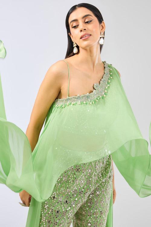 RRHEA LIME GREEN GEORGETTE CAPE WITH JEWEL HAND EMBROIDERED PALLAZO AND ATTACHED BLOUSE