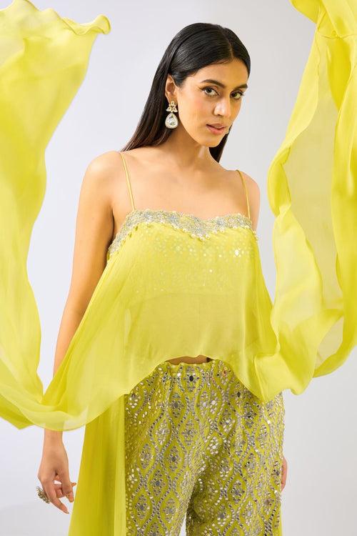 RRHEA YELLOW GEORGETTE CAPE WITH JEWEL HAND EMBROIDERED PALLAZO AND ATTACHED BLOUSE