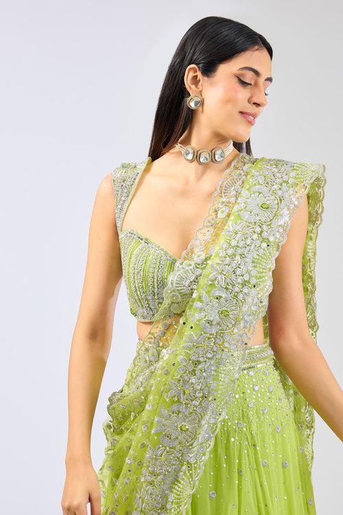 NADIA LIME GREEN GEORGTTE FULL HAND EMBROIDERED LEHENGA WITH BLOUSE & DUPATTA