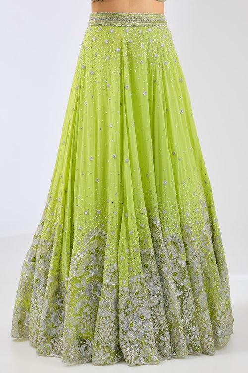 NADIA LIME GREEN GEORGTTE FULL HAND EMBROIDERED LEHENGA WITH BLOUSE & DUPATTA