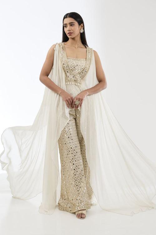 RABIA IVORY WITH GOLD ZARI SEQUIN MIRROR CAPE SET