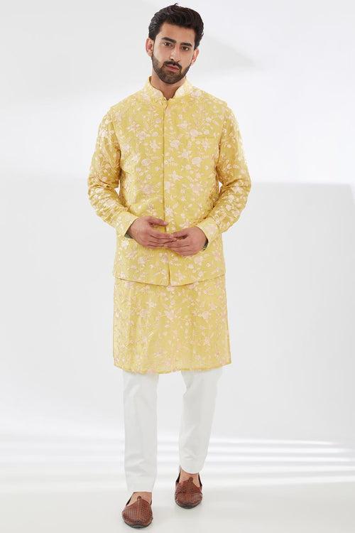 YELLOW PARSI GARA EMBROIDERED UNLINED SILK KURTA AND BUNDI WITH BEIGE PANTS