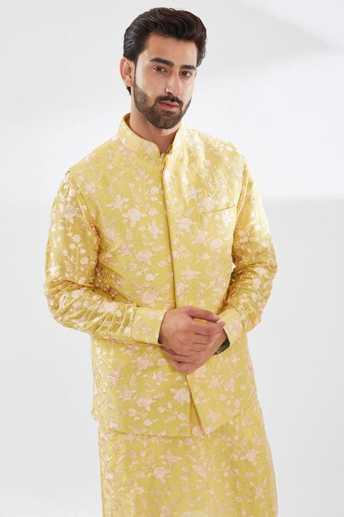 YELLOW PARSI GARA EMBROIDERED UNLINED SILK KURTA AND BUNDI WITH BEIGE PANTS