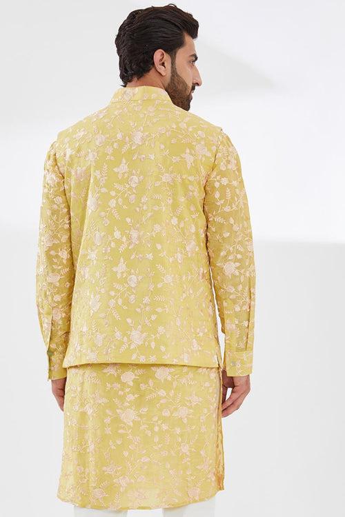 YELLOW PARSI GARA EMBROIDERED UNLINED SILK KURTA AND BUNDI WITH BEIGE PANTS