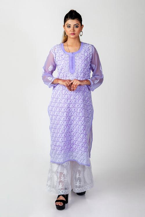 Lucknow Chikan Emporium Skin Friendly Georgette Chikankari Kurti Nice Purple Colour.