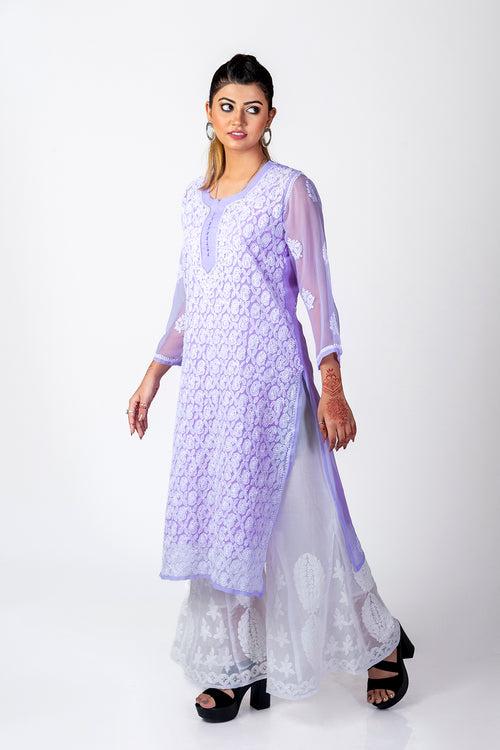 Lucknow Chikan Emporium Skin Friendly Georgette Chikankari Kurti Nice Purple Colour.