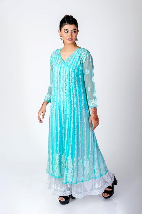 Nice Hand Embroided Skin Freindly Georgette Chikankari Sea Green Anrkali kurti Lucknow Chikan Emporium.