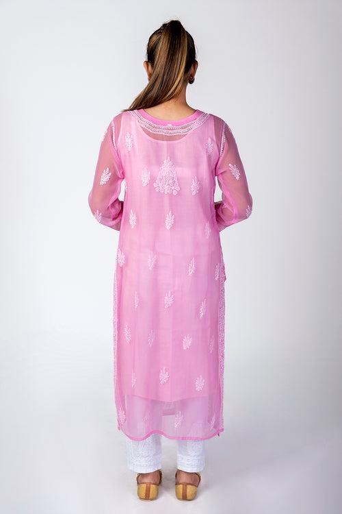 Pink Semi Georgette Skin Friendly Hand Chikankari Kurti Lucknow Chikan Emporium.