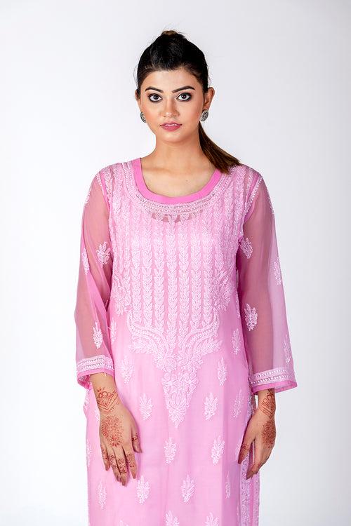 Pink Semi Georgette Skin Friendly Hand Chikankari Kurti Lucknow Chikan Emporium.