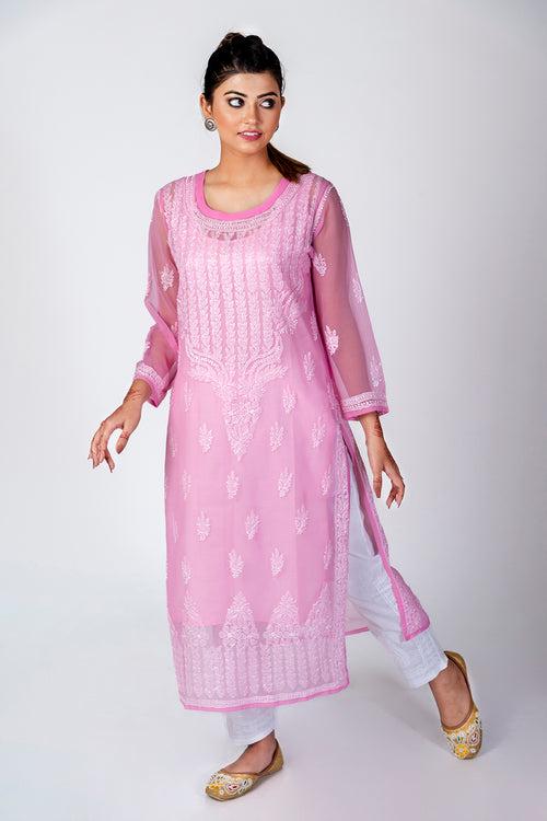 Pink Semi Georgette Skin Friendly Hand Chikankari Kurti Lucknow Chikan Emporium.