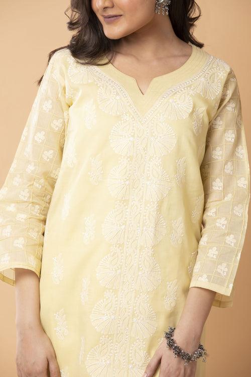 Nice Fawn Colour Hand Chikankari Skin freindly cotton Long kurti Lucknow Chikan Emporium.