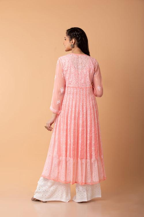 Lucknow Chikan Emporium Hand Chikankari Semi Georgette nice Peach Anarkali Kurti.