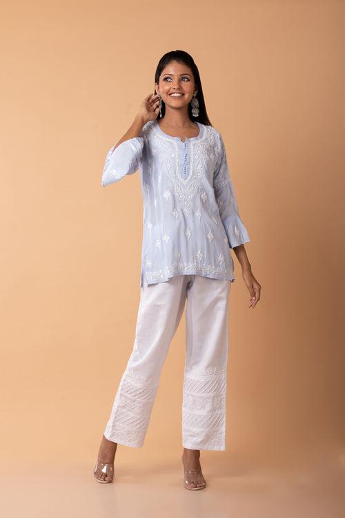 Lucknow Chikan Emporium Hand Chikankari Skin freindly soft cotton short kurti Nice very light blue  Colour.