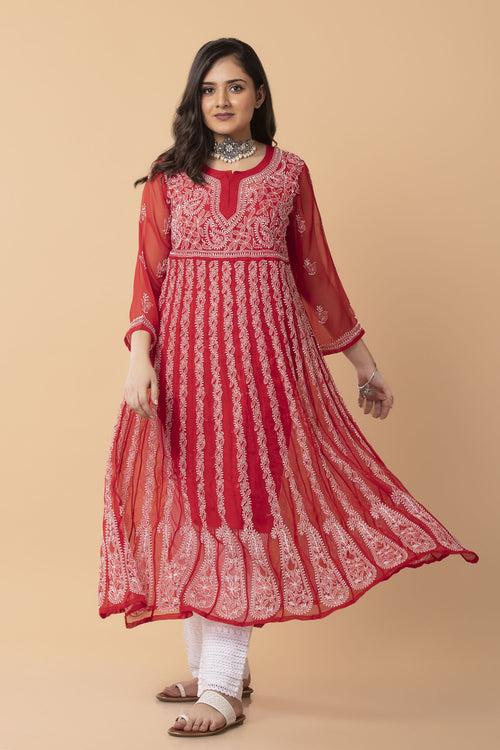 Lucknow Chikan Emporium Hand Chikankari   Semi  Georgette nice red Anarkali Kurti