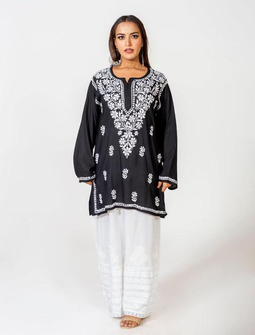 Lucknow Chikan Emporium Super Soft Fine modal Chikankari Kurti Black Colour.