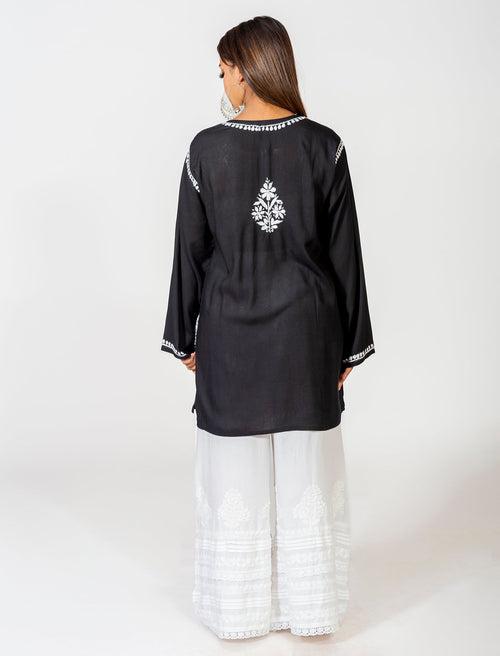 Lucknow Chikan Emporium Super Soft Fine modal Chikankari Kurti Black Colour.