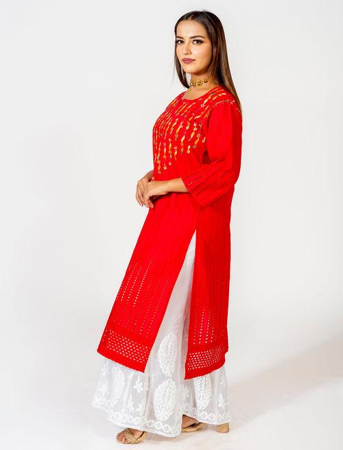 Red Hand Embroided Skin Friendly Cotton Chikankari Kurti Lucknow Chikan Emporium.