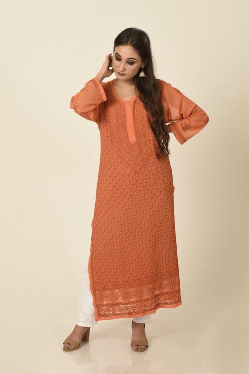 Lucknow Chikan Emporium Hand embroided semi georgette Chikankari Kurti brick red colour