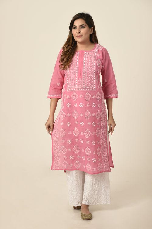 Lucknow Chikan Emporium Hand embroided cotton Chikankari Kurti dark pink colour