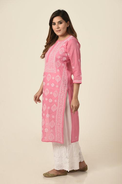 Lucknow Chikan Emporium Hand embroided cotton Chikankari Kurti dark pink colour