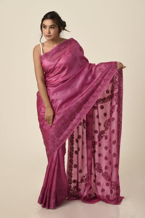 Lucknow Chikan Emporium tussar silk saree magenta colour with same colour blouse