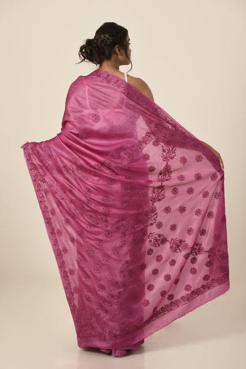 Lucknow Chikan Emporium tussar silk saree magenta colour with same colour blouse