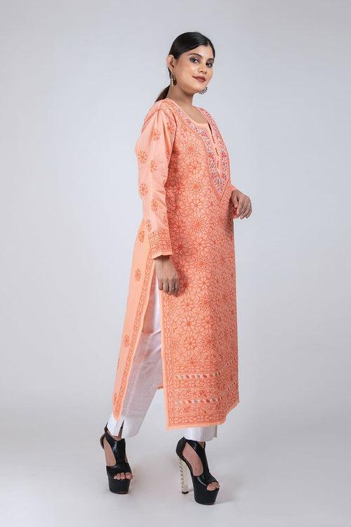 (Bright Peach Color) Hand Chikankari Lucknowi Elegant Cotton Kurti Lucknow Chikan Emporium.