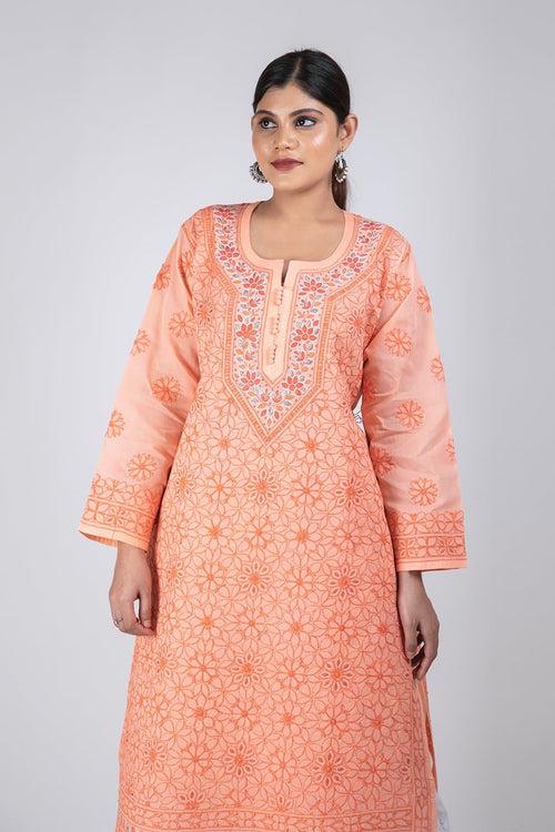 (Bright Peach Color) Hand Chikankari Lucknowi Elegant Cotton Kurti Lucknow Chikan Emporium.