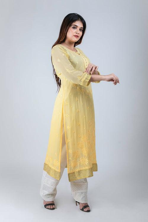 (Elegant Shaded) Hand Chikankari Viscose  Georgette Kurti Lucknow Chikan Emporium.