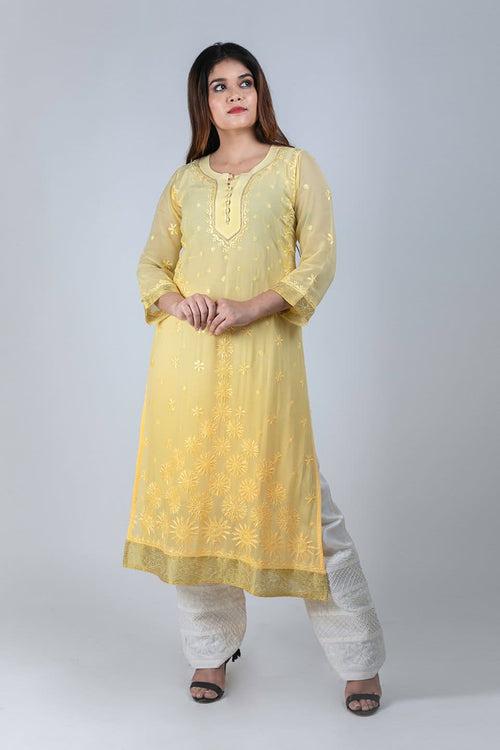 (Elegant Shaded) Hand Chikankari Viscose  Georgette Kurti Lucknow Chikan Emporium.