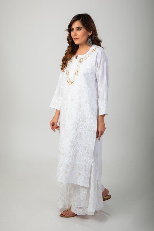 Lucknow Chikan Emporium Hand Chikankari Kurti Skin Friendly Semi Georgette Round Neck (White Color)