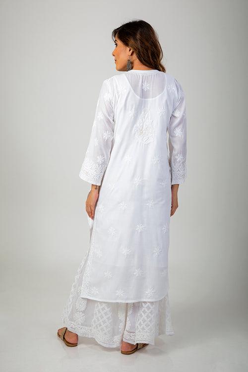 Lucknow Chikan Emporium Hand Chikankari Kurti Skin Friendly Semi Georgette Round Neck (White Color)