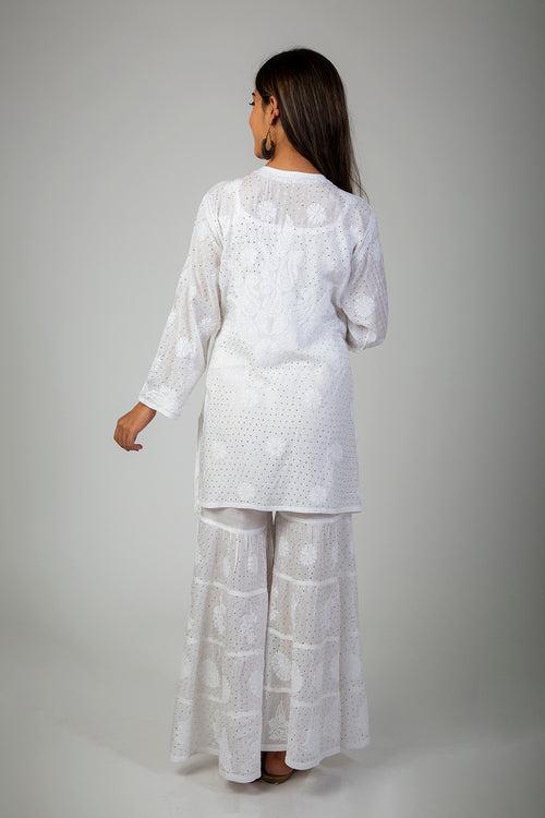 Lucknow Chikan Emporium Hand Chikankari Super Soft white spanish silk   Embroidered Chikan Palazzo Set