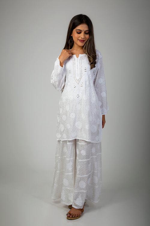 Lucknow Chikan Emporium Hand Chikankari Super Soft white spanish silk   Embroidered Chikan Palazzo Set