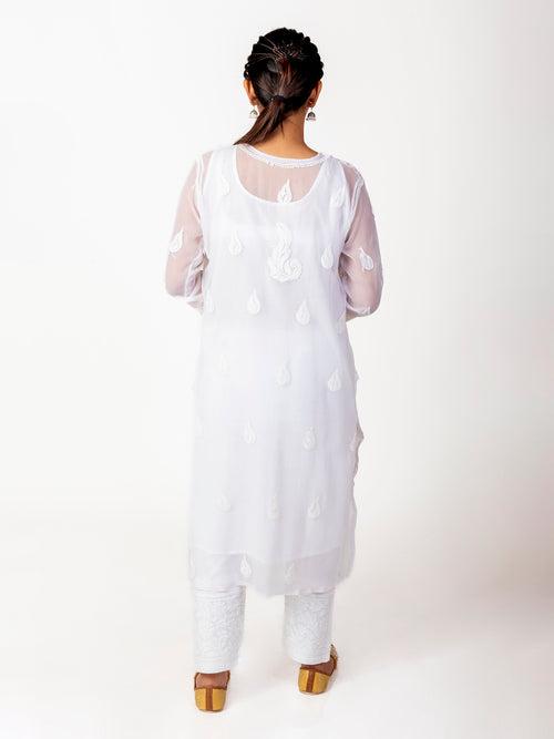 Hand Embroided Skin Friendly Semi Georgette Chikankari full jaal resham thread Kurti White Lucknow Chikan Emporium.